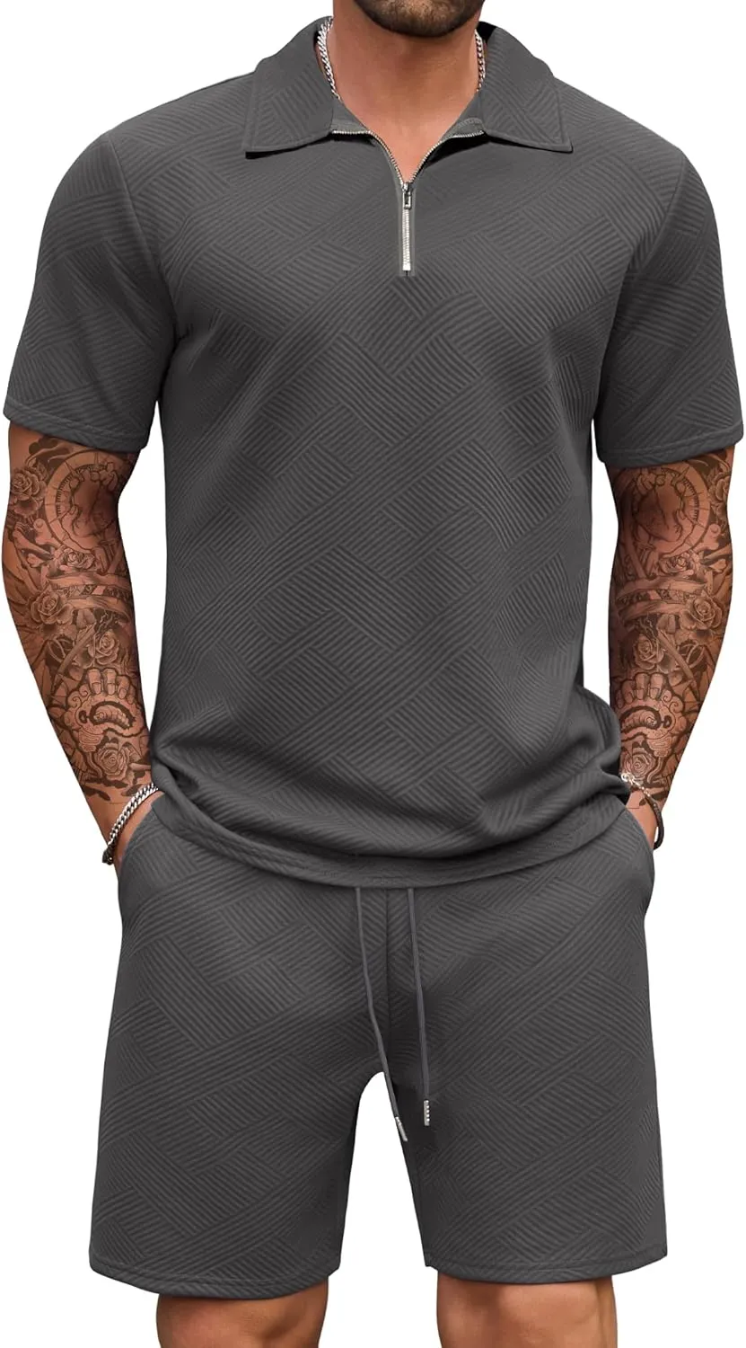 COOFANDY Mens Tracksuit Casual 2 Piece Quarter Zip Polo Shirt and Shorts Set Athletic Jogging Sports Outfits