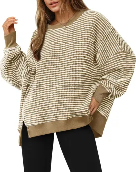 Fisoew Women's Fall Oversized Sweatshirt Casual Waffle Knit Long Sleeve Crewneck Split Pullover Tunic Tops