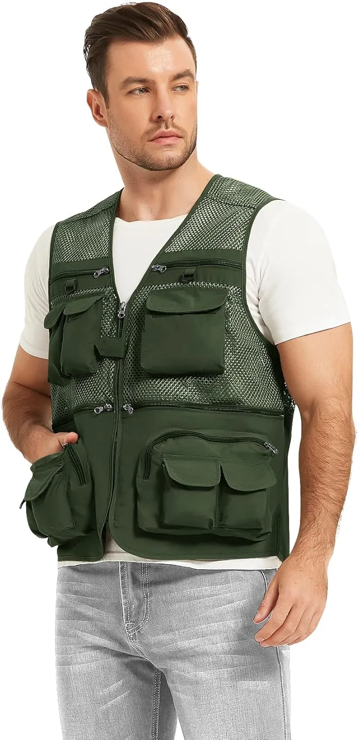 Flygo Men's Fishing Vest Utility Lightweight Outdoor Travel Safari Photo Cargo Vest with 16 Pockets
