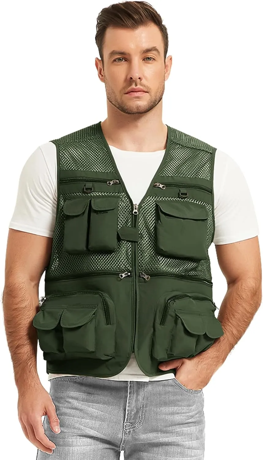 Flygo Men's Fishing Vest Utility Lightweight Outdoor Travel Safari Photo Cargo Vest with 16 Pockets