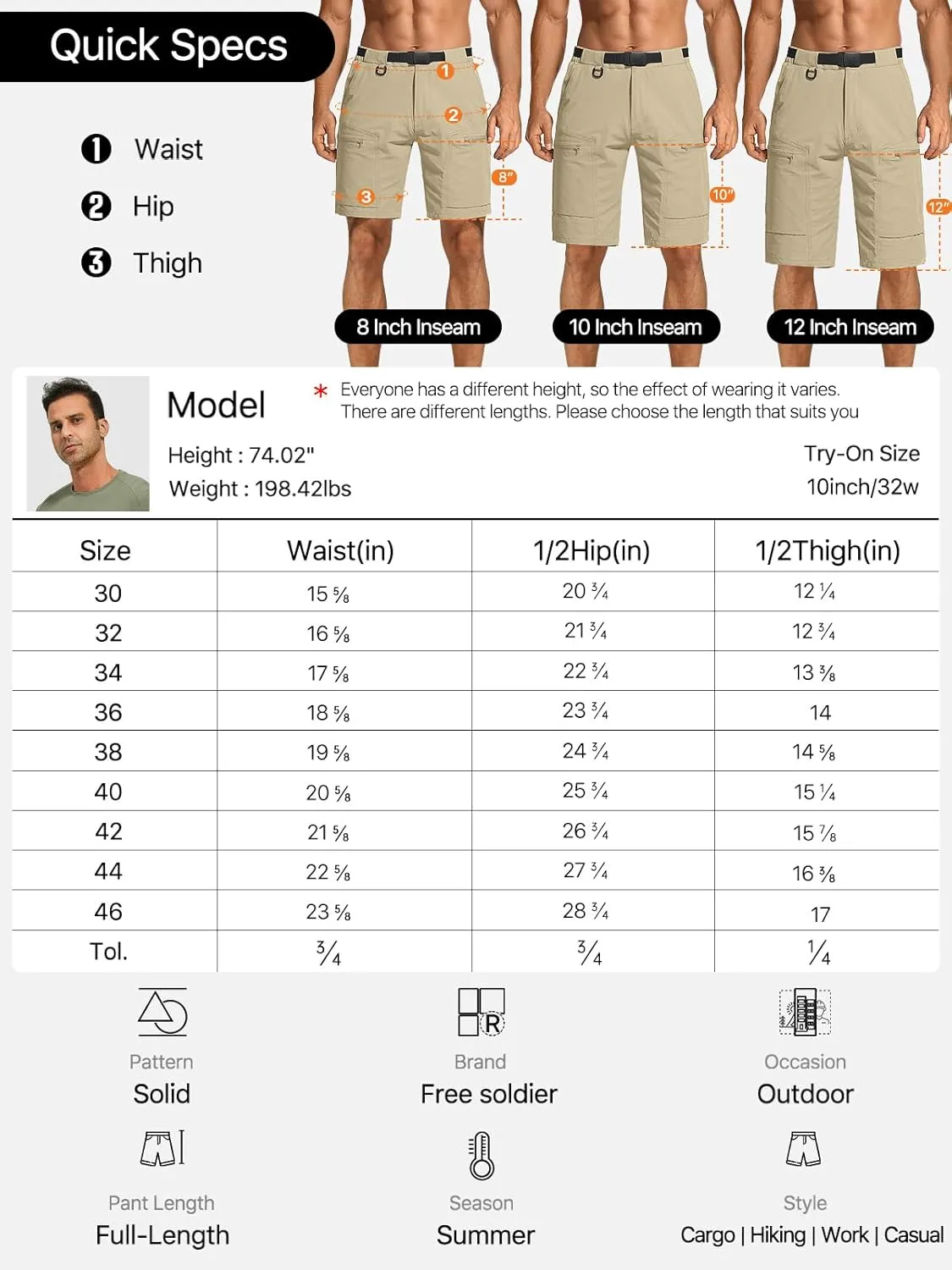 FREE SOLDIER Men's Cargo Hiking Shorts with Belt Lightweight Quick Dry Tactical Shorts with Pockets for Casual Work Golf