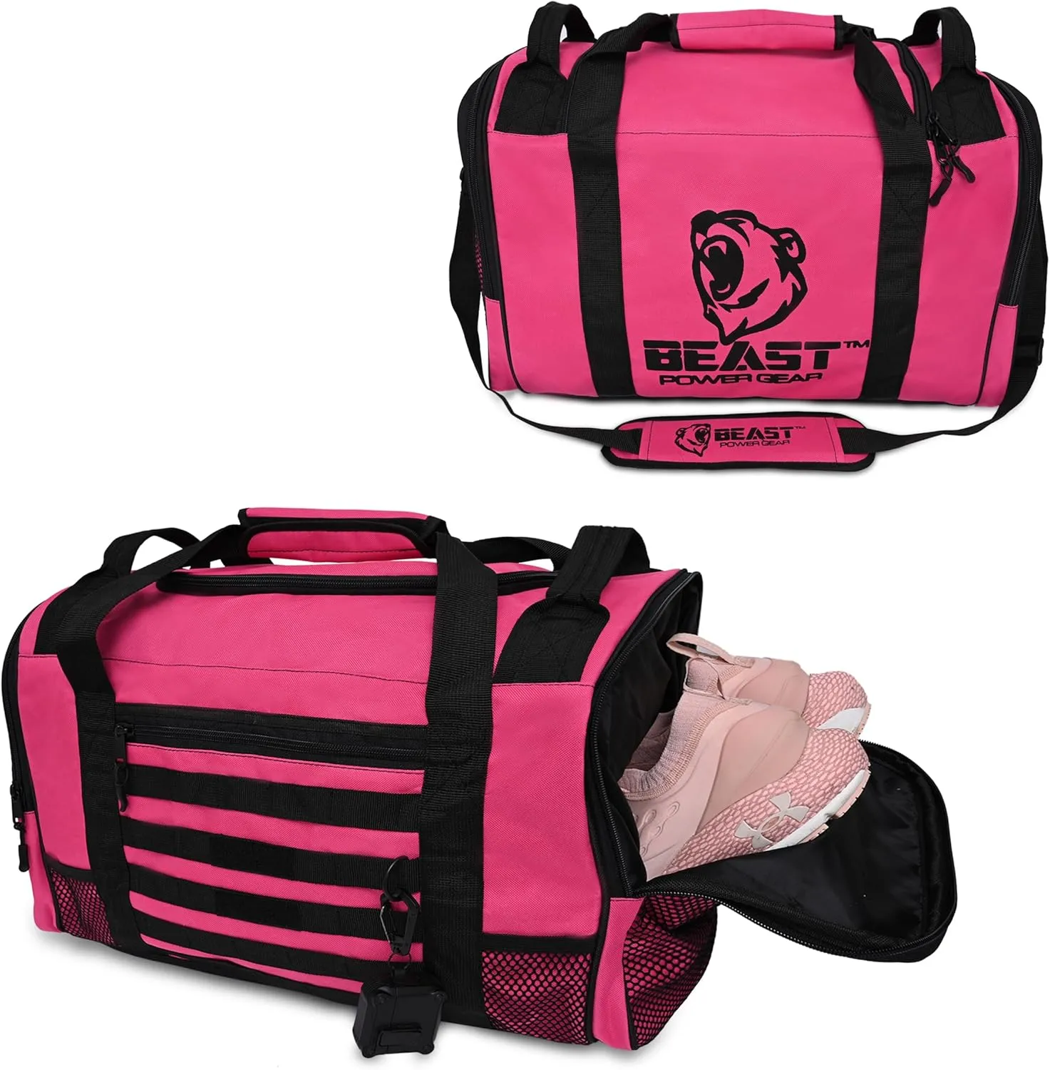 Gym Duffle Bag- Workout, Boxing, MMA, Sports Bag with Shoes Compartment and Adjustable Shoulder Strap for Men and Women (Pink/Black)