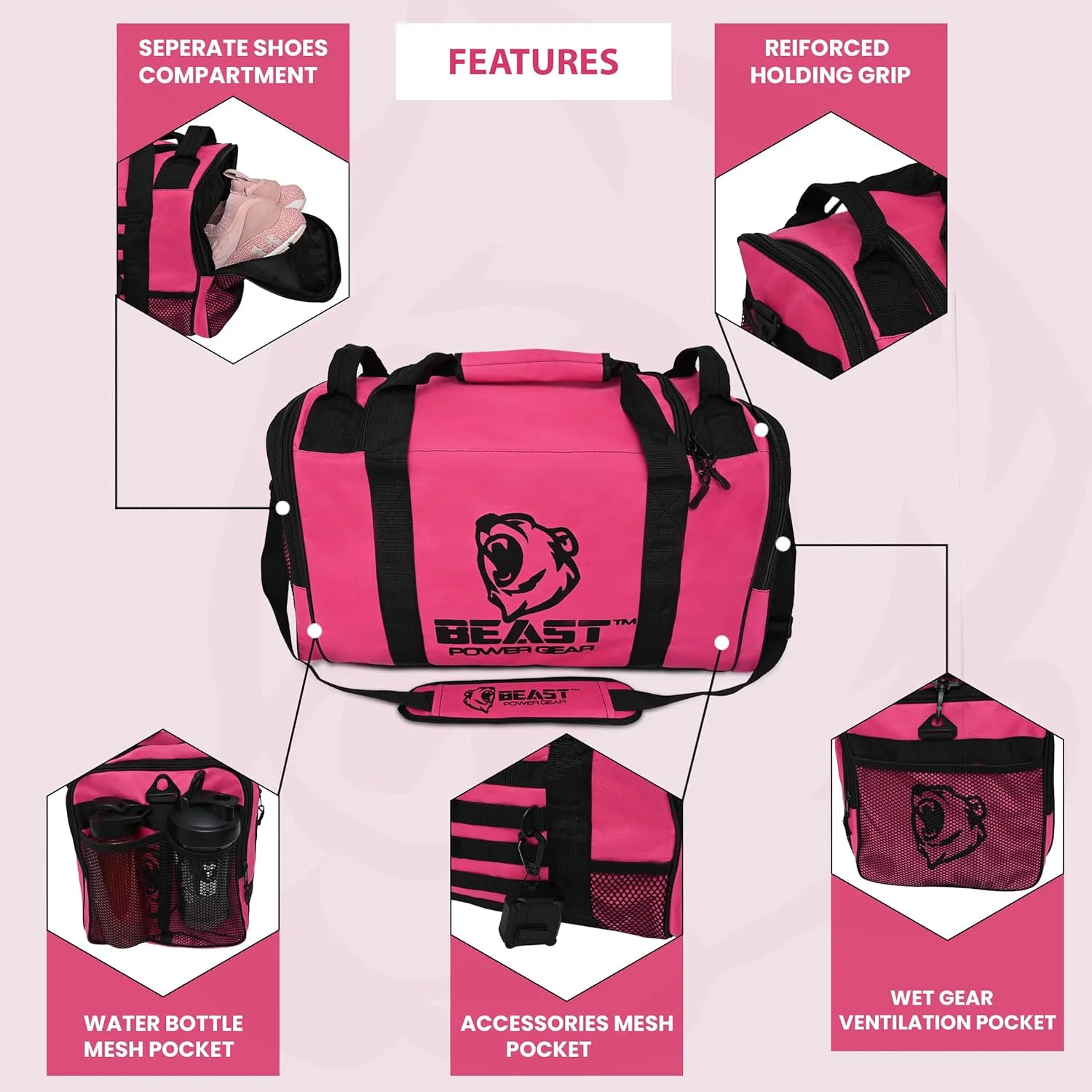 Gym Duffle Bag- Workout, Boxing, MMA, Sports Bag with Shoes Compartment and Adjustable Shoulder Strap for Men and Women (Pink/Black)
