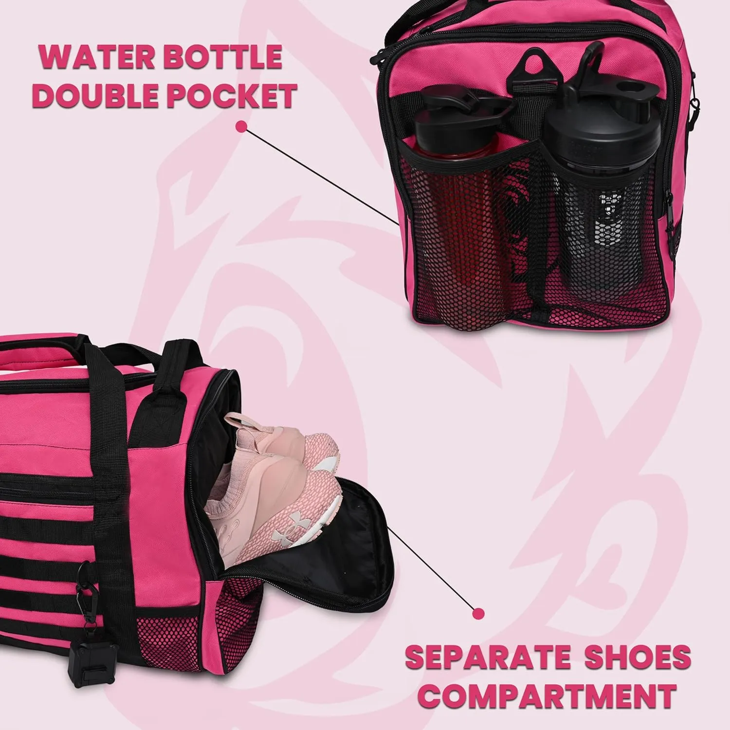 Gym Duffle Bag- Workout, Boxing, MMA, Sports Bag with Shoes Compartment and Adjustable Shoulder Strap for Men and Women (Pink/Black)