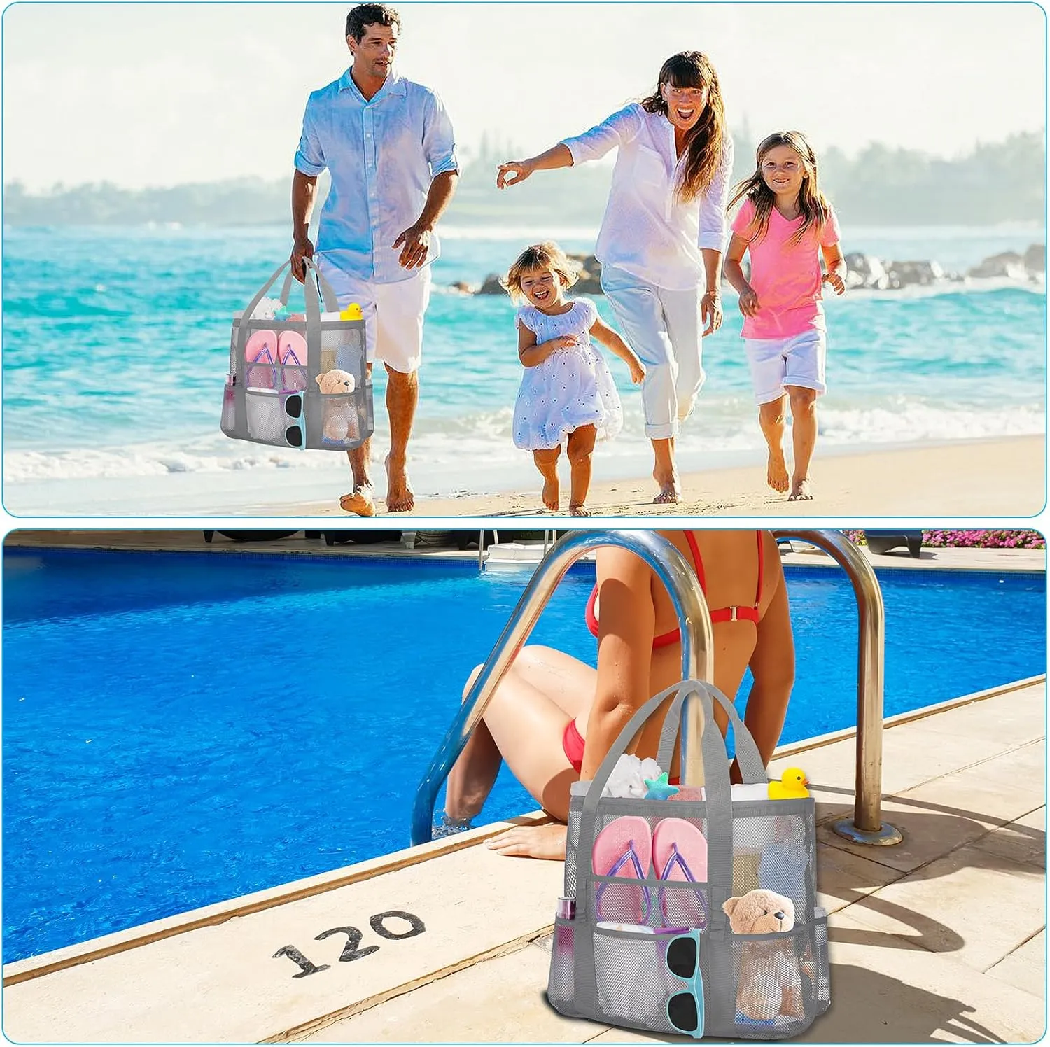 Mesh Beach Bags for Women - Plus Waterproof Sandproof Tote Bag