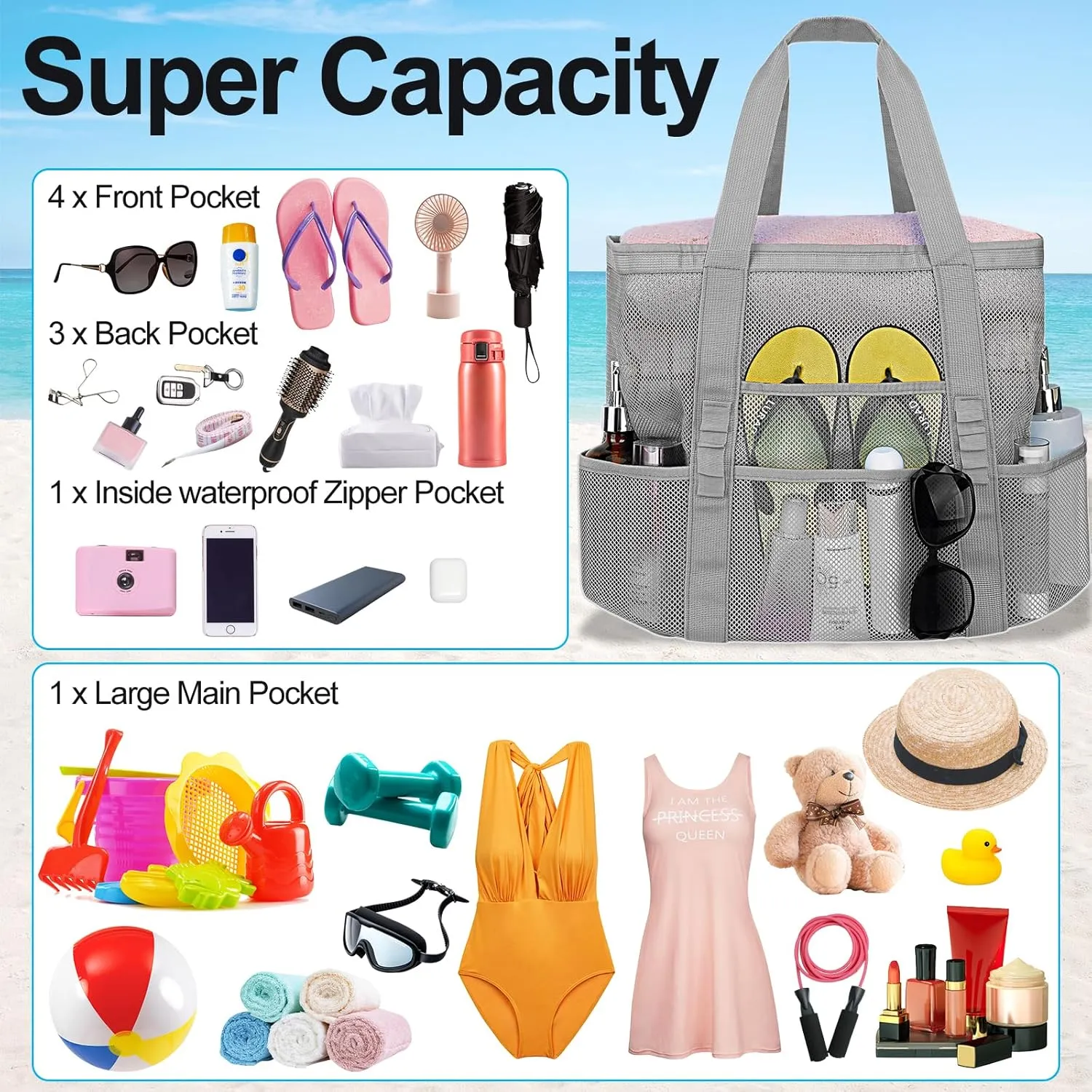 Mesh Beach Bags for Women - Plus Waterproof Sandproof Tote Bag