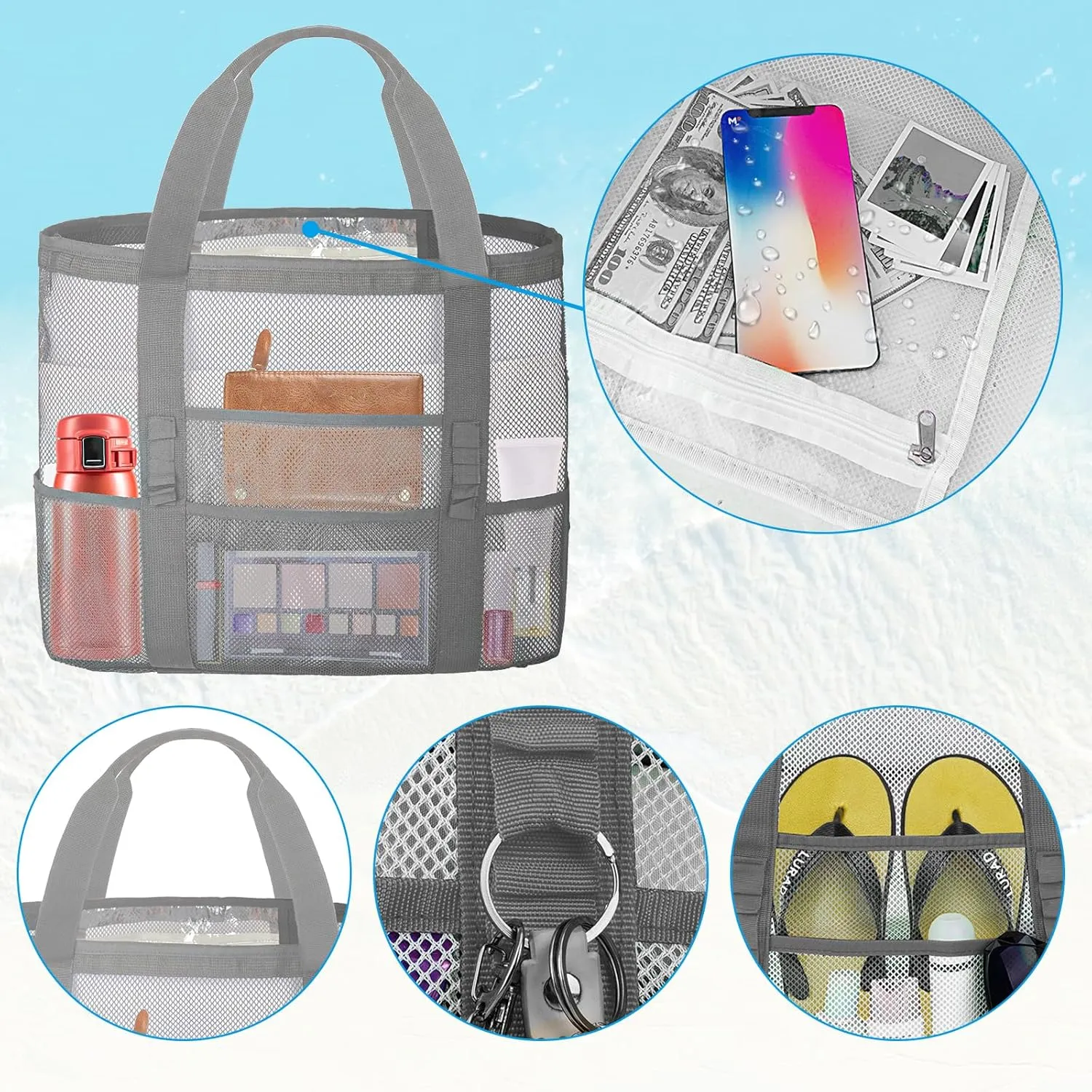 Mesh Beach Bags for Women - Plus Waterproof Sandproof Tote Bag